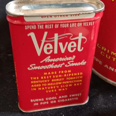 Velvet tobacco tin with Prince Albert containers and Cigar shaped salt & pepper shakers