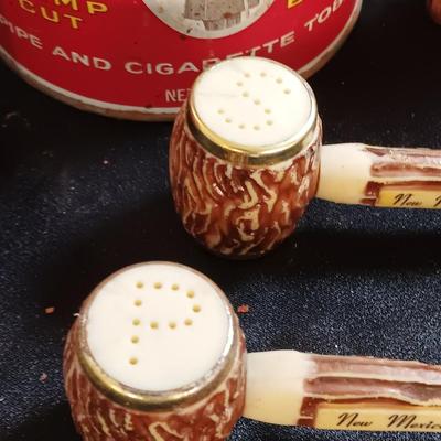 Velvet tobacco tin with Prince Albert containers and Cigar shaped salt & pepper shakers