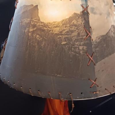 Beautiful working wood-based lamp with Colorado scenery shade
