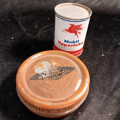 Vintage tins - Family brad and nail assortment and a Mobil Upper lube tin