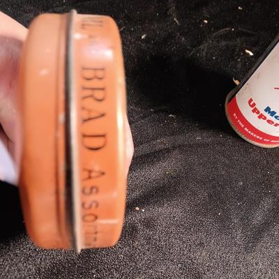 Vintage tins - Family brad and nail assortment and a Mobil Upper lube tin