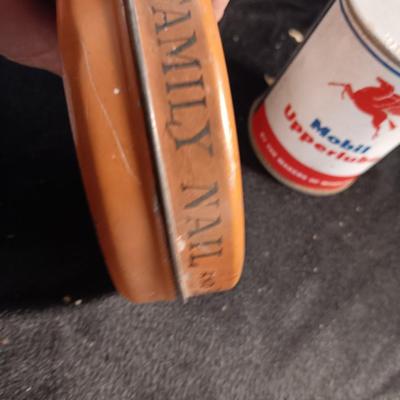 Vintage tins - Family brad and nail assortment and a Mobil Upper lube tin