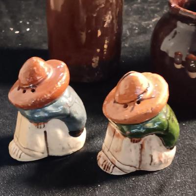 Sombrero man Salt & pepper shakers with brown bottles and small crock