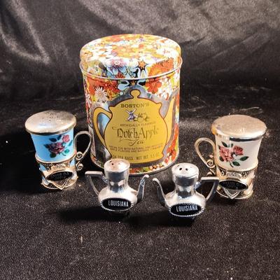 Boston's Dutch apple tea tin with Tea themed salt & pepper shakers