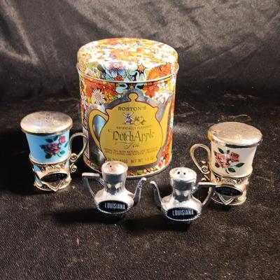 Boston's Dutch apple tea tin with Tea themed salt & pepper shakers