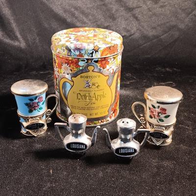 Boston's Dutch apple tea tin with Tea themed salt & pepper shakers