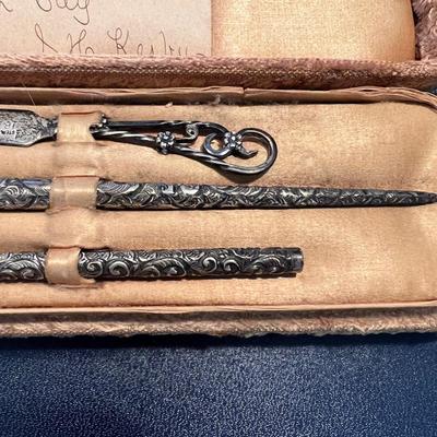 Antique Sterling Silver Writing Set In Original Case