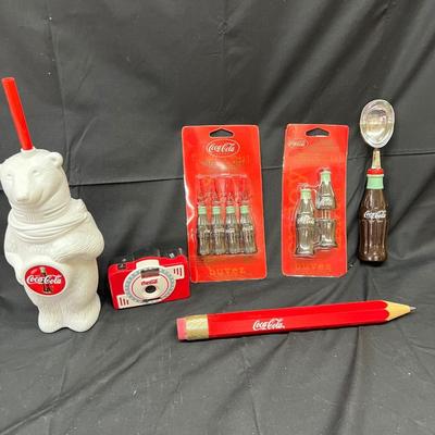 Vintage Coke Coca Cola Lot Camera '99, Large Pencil, Tablecloth Weights, Corn Holders, Ice Cream Scoop, Polar Bear Water Bottle