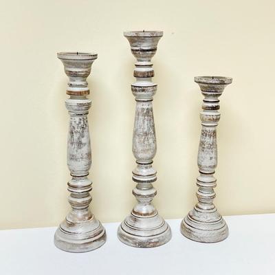Trio (3) ~ Wood Pillar Distressed Candle Holders