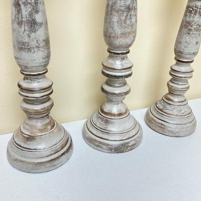 Trio (3) ~ Wood Pillar Distressed Candle Holders
