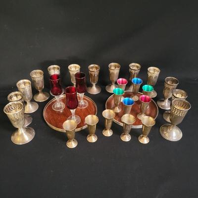 Sterling Silver and Glass Cordial Glasses and Trays (BR-DW)
