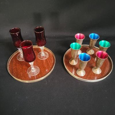 Sterling Silver and Glass Cordial Glasses and Trays (BR-DW)