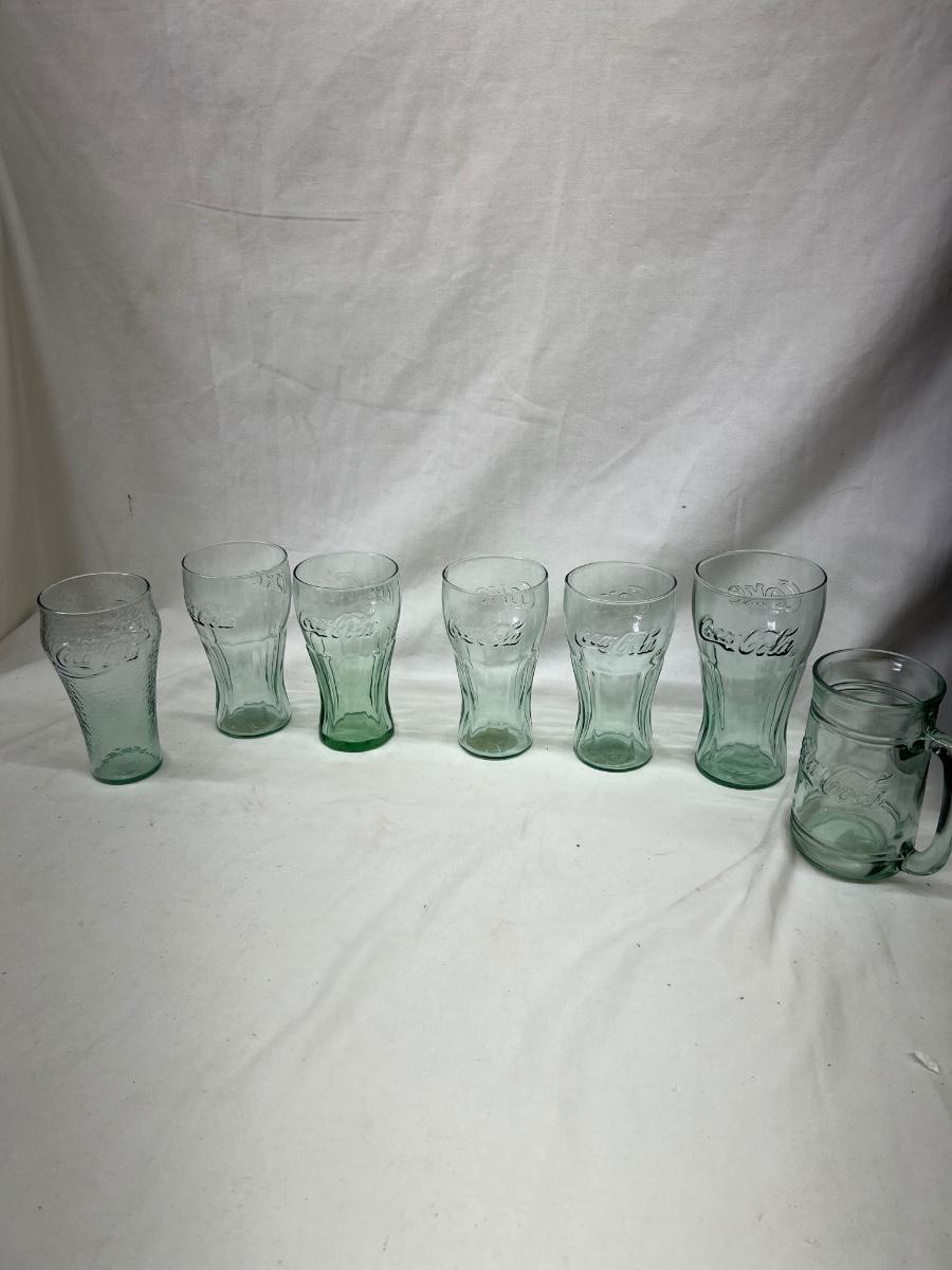 Vintage 7 Lot Coke Coca Cola Green Tint Drinking Glasses