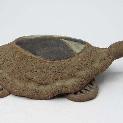 Rustic Handmade Pottery Sea Turtle With Peace Sign Art Figurine