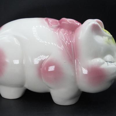 Large Antique Pottery Piggy Bank Pig with Pink Spots