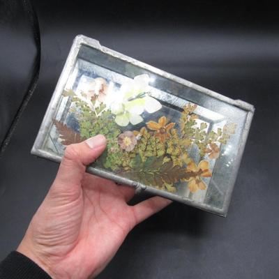 Vintage Clear Mirror Glass Real Pressed Flower Trinket Jewelry Keepsake Box