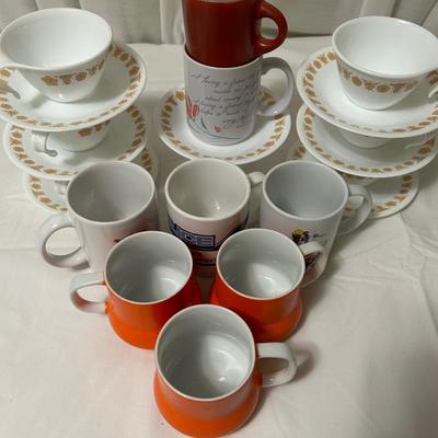 1968 Holt Howard 3 orange coffee mugs and Pyrex cup and saucers.