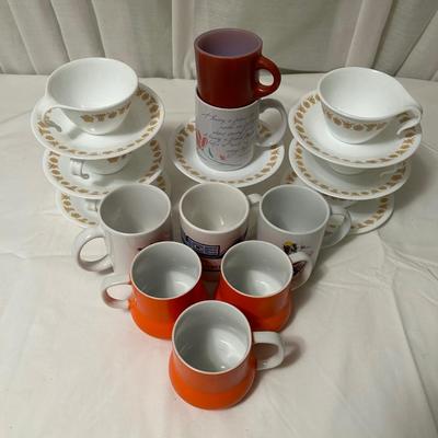 1968 Holt Howard 3 orange coffee mugs and Pyrex cup and saucers.