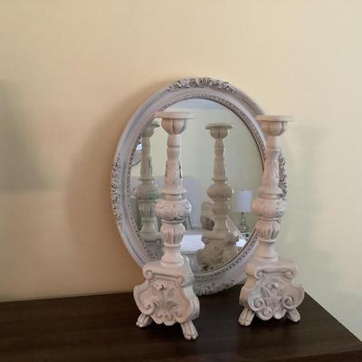 292 Pair of Shabby Chic White Wooden Painted Candlesticks and Oval Mirror