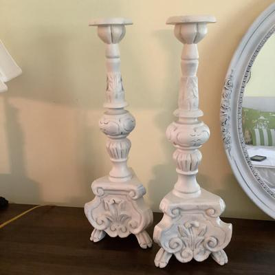 292 Pair of Shabby Chic White Wooden Painted Candlesticks and Oval Mirror