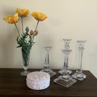 294 Two pairs of Clear Glass Candlesticks , Crystal Vase , Ceramic Vanity Box