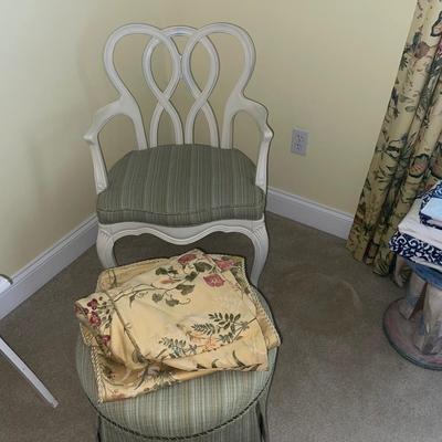 296 Vintage White Painted Chair with Matching Upholstery Round Tufted Footstool