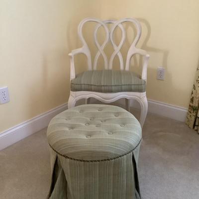 296 Vintage White Painted Chair with Matching Upholstery Round Tufted Footstool