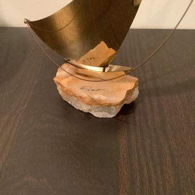 314 Demott Signed Mid Century Sailboat with Brass and Leather Waste can