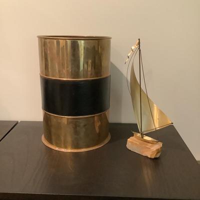 314 Demott Signed Mid Century Sailboat with Brass and Leather Waste can