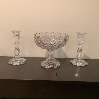 316 Pair of Bombay Signed Crystal Candlesticks with Pressed Glass Pedestal Dish