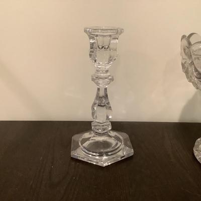316 Pair of Bombay Signed Crystal Candlesticks with Pressed Glass Pedestal Dish