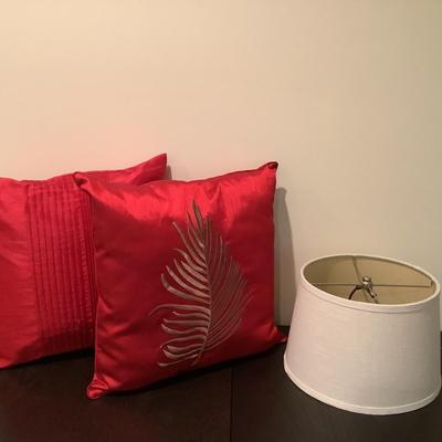 322 Pair of Red Satin Surya Pleated Accent Pillows and One round lampshade