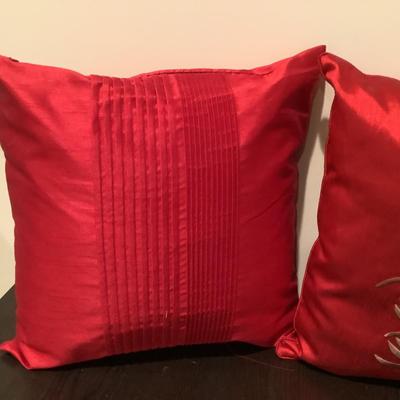 322 Pair of Red Satin Surya Pleated Accent Pillows and One round lampshade