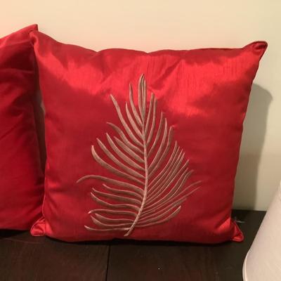 322 Pair of Red Satin Surya Pleated Accent Pillows and One round lampshade