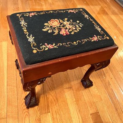 Antique Embroidered Chippendale Ball Claw Foot Stool