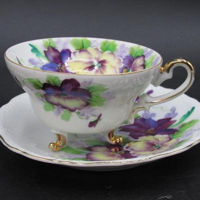 Saji Made in Japan Fancy China Hand Painted Purple Flower Design Teacup & Saucer Set