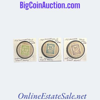 1937 ALICANTE SPAIN CIVIL WAR 10, 15, & 20 CENTIMOS STAMP MONEY