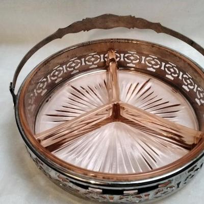 Vintage Depression Glass Pink Divided Candy/Nut Dish Silver Basket