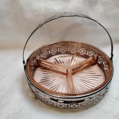 Vintage Depression Glass Pink Divided Candy/Nut Dish Silver Basket