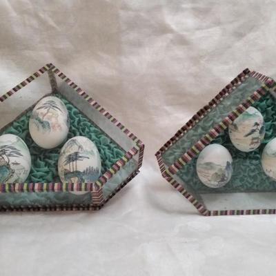 2 Sets of Japanese Hand Painted Eggs in Glass Case Circa 1950â€™s