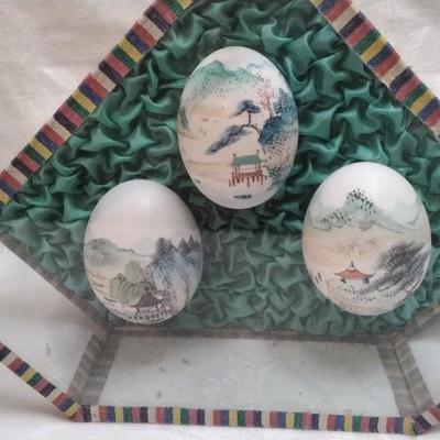 2 Sets of Japanese Hand Painted Eggs in Glass Case Circa 1950â€™s