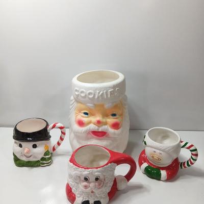 Vintage EMPIRE mold Santa cookie jar no lid with Three mugs Cookies & Milk!