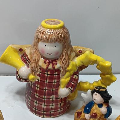Angel tea pot and candle holder with salt and pepper shakers