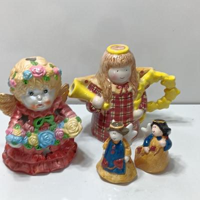Angel tea pot and candle holder with salt and pepper shakers