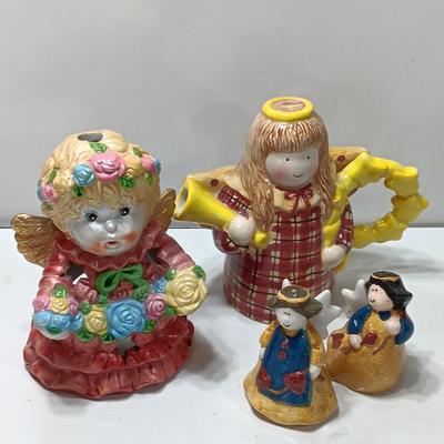 Angel tea pot and candle holder with salt and pepper shakers