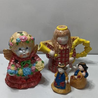 Angel tea pot and candle holder with salt and pepper shakers
