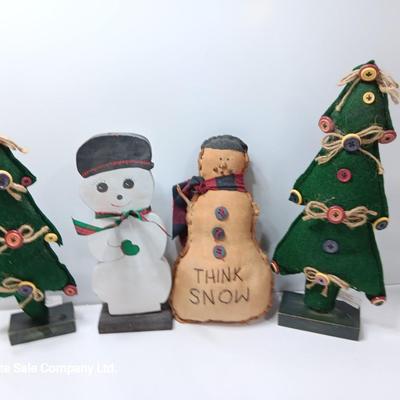 Cloth trees with Button decor, Think snow snowman vintage looking and a wooden snowman
