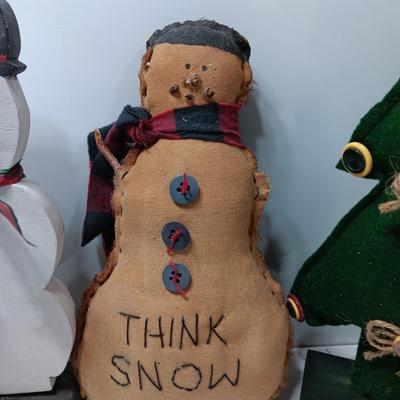 Cloth trees with Button decor, Think snow snowman vintage looking and a wooden snowman