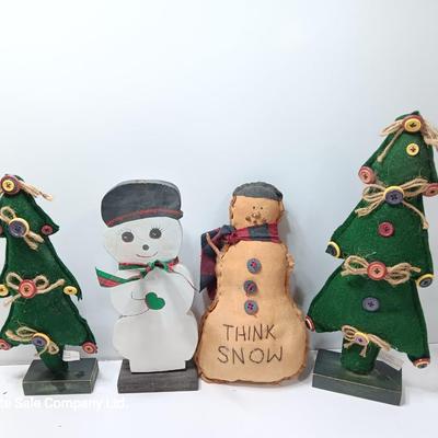 Cloth trees with Button decor, Think snow snowman vintage looking and a wooden snowman