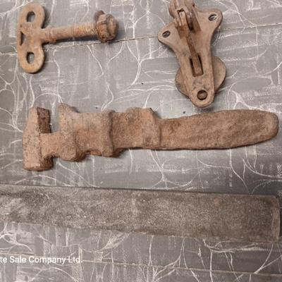 Wooden box with assortment of Antique rusty tools and hardware